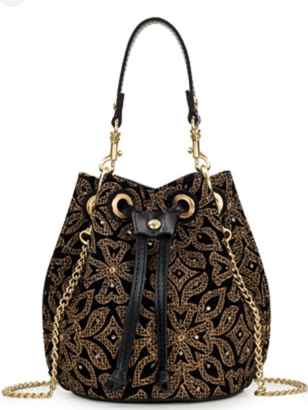 Patricia Nash Black & Gold Velvet Drawstring Bucket Bag NWT